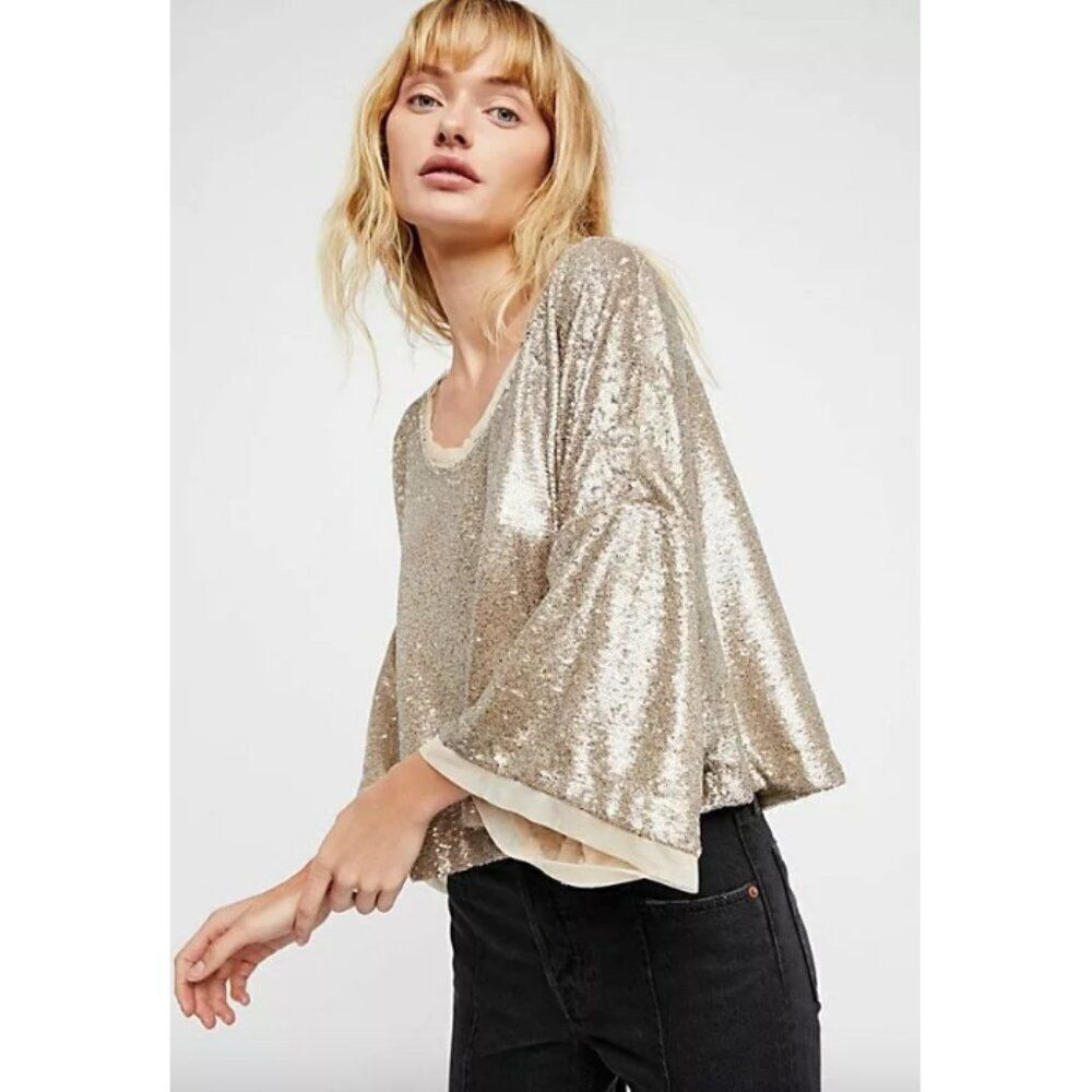 Free People gold nude sequin Champagne Dreams boxy oversized short sleeve top